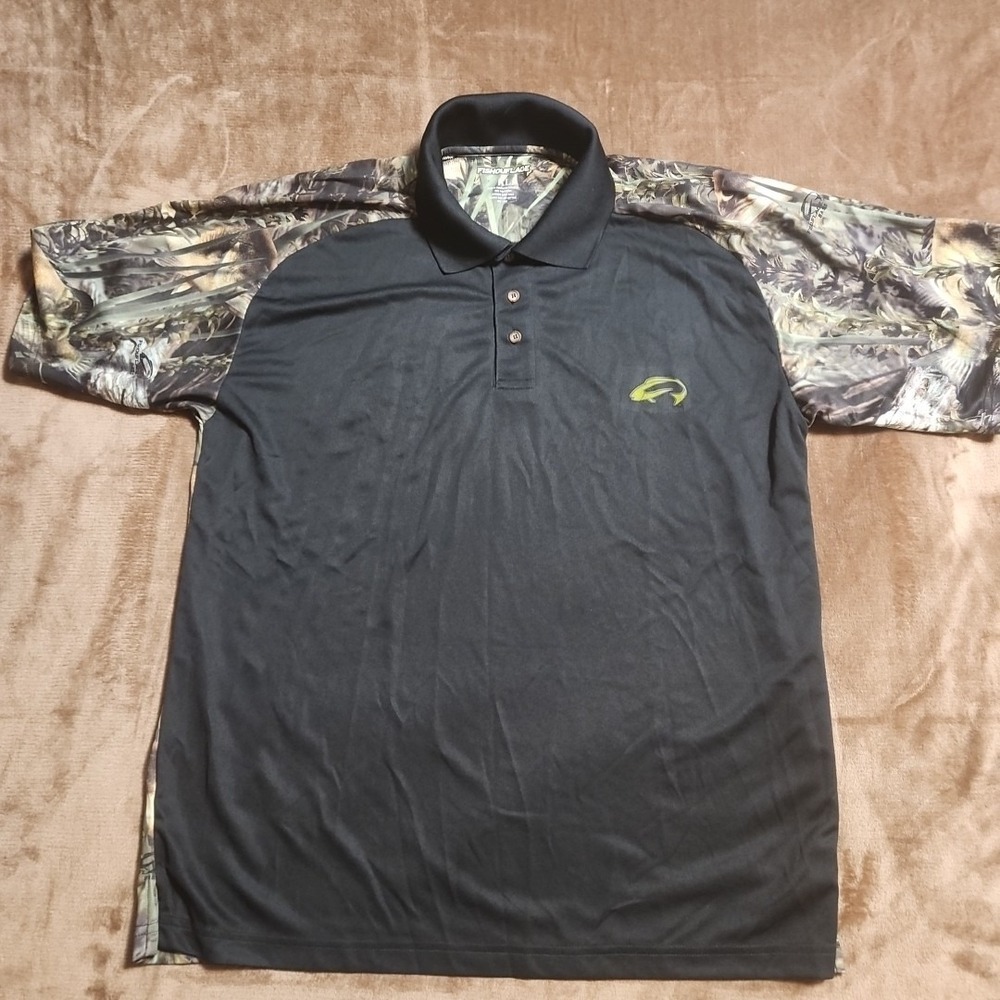 Fishouflage Bass Fishing Mens L Black Camo Performance Polo Casual Outdoors